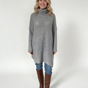 Handgestrickter Longpullover Winterlinie Grau Stehkragen Mohair Einzelstück Größe M-L – AlteLiebeHamburg